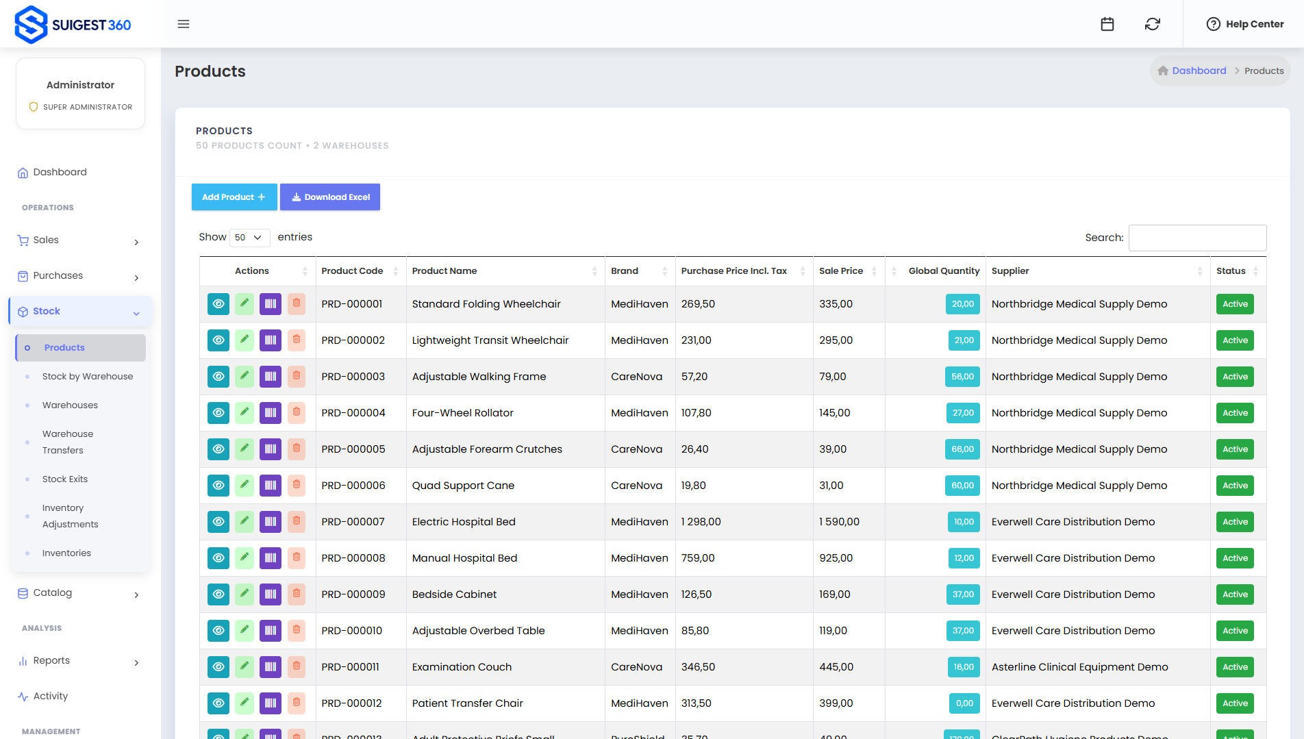 Capture Gestion des produits dans SUIGEST360
